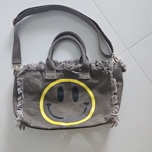Smiley Face Olive Green Fringe Canvas Bag